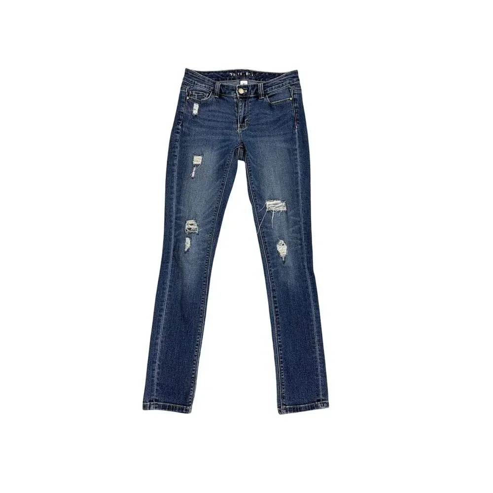 White House Black Market Straight Leg Slim Fit Distressed Blue Denim Jeans 00